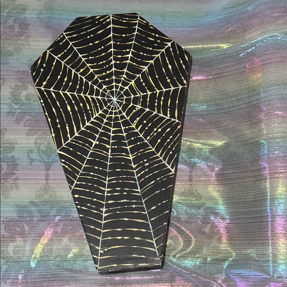 Black Coffin-Shaped Box with Gold Spiderweb Design EUC